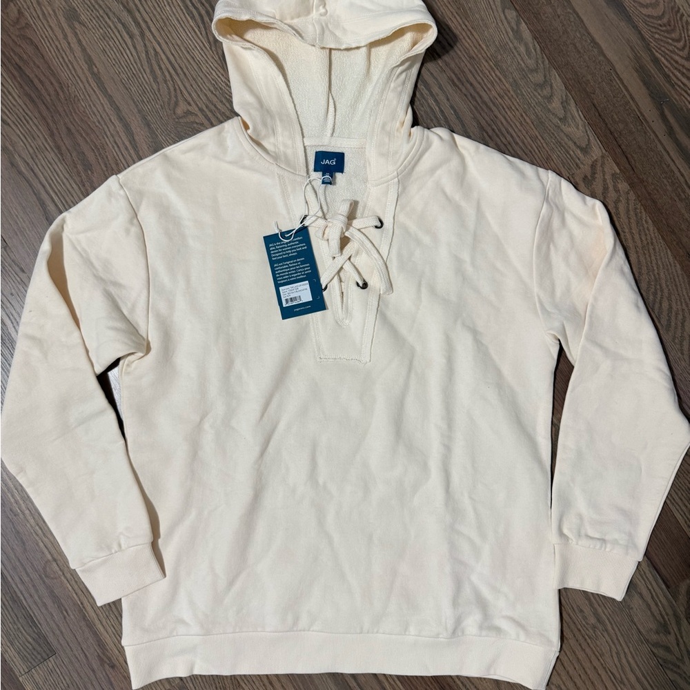 Jag Jeans Cream Hoodie with Lace-Up Neckline